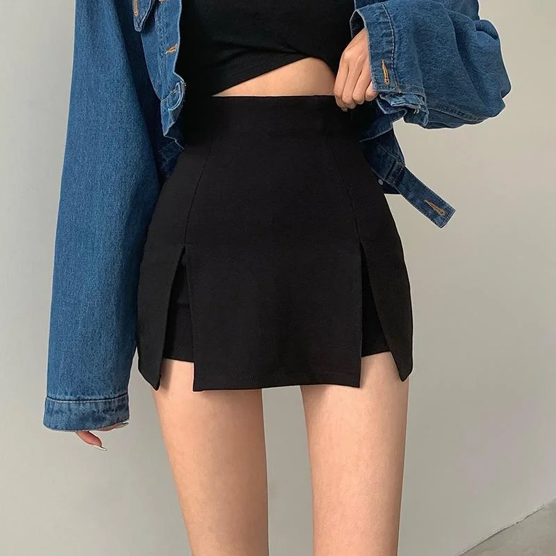 HOUZHOU Black Slit Mini Skirt Shorts Women Sexy Korean High Waist Casual Bodycon Summer Micro Skirt Kpop Streetwear Y2K Skort