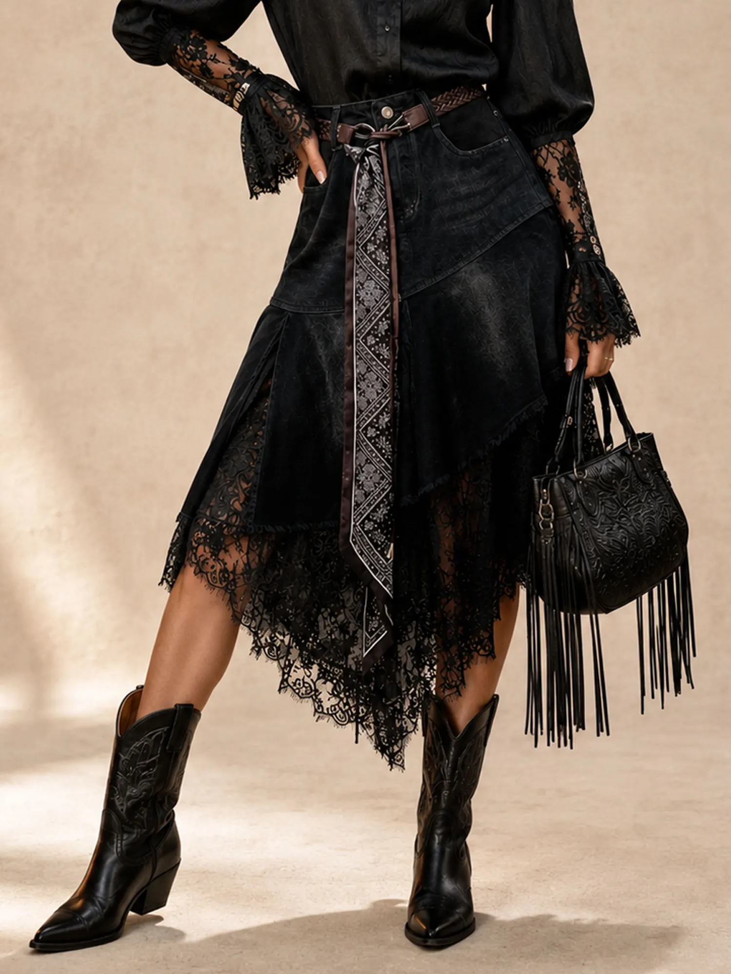 Essential for Modern Dark Denim Looks &mdash; Deep Black, Sheer Lace Patchwork, Premium Slim-Fit Cut, 2026 Spring/Autumn Women&rsquo;s Fashion Skirt