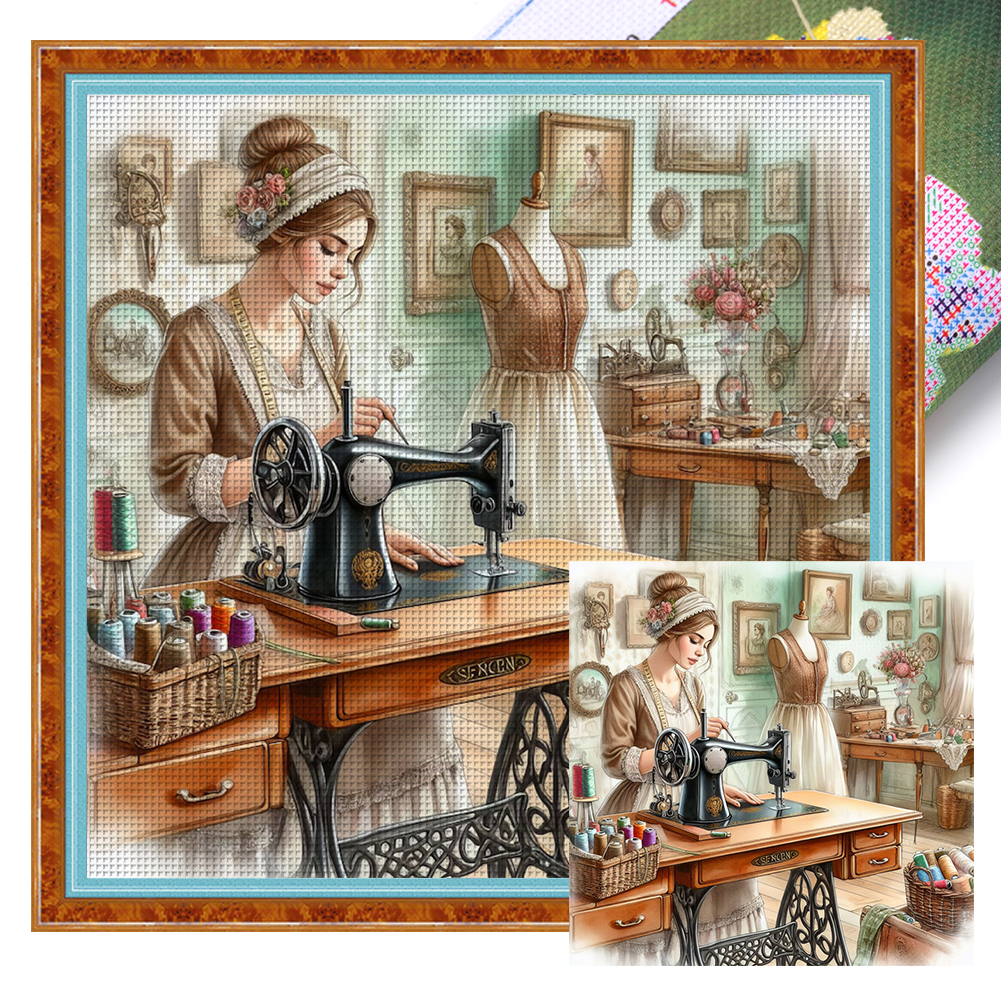 Sewing Woman Full 11CT Pre-stamped Canvas(45*45cm) Cross Stitch