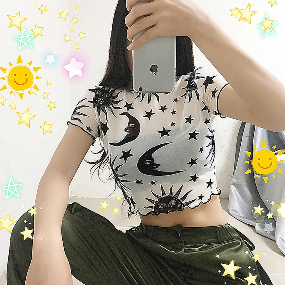 Moon Stars Print Women T-shirt Hot Sale Mesh Sheer See-through Tee Tops Summer Fashion Ruffles Short Sleeve Crop Top