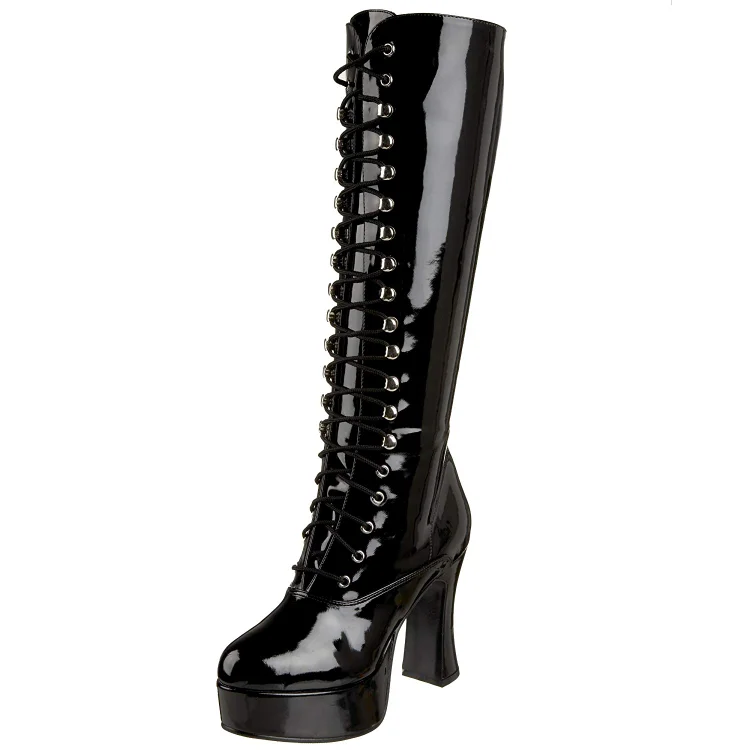 Vampire Lace up Boots Black Patent Leather Platform Knee High Boots |FSJ Shoes