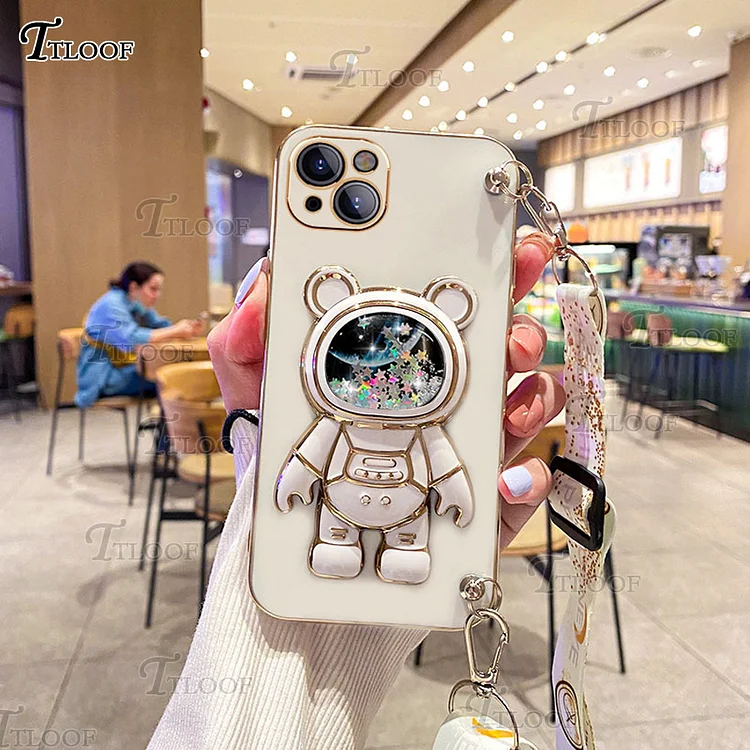 Quicksand Space Bear Folding Stand Crossbody Lanyard Case For Samsung Galaxy S23 S22 S21 Ultra S20 FE S10 Note 20 10 Plus Cover