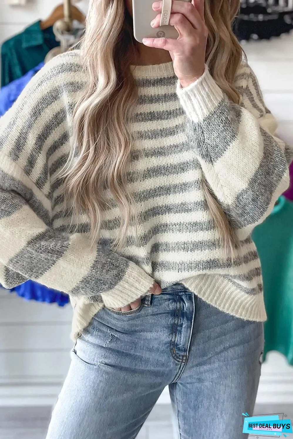 Gray Stripe Drop Shoulder Crew Neck Sweater