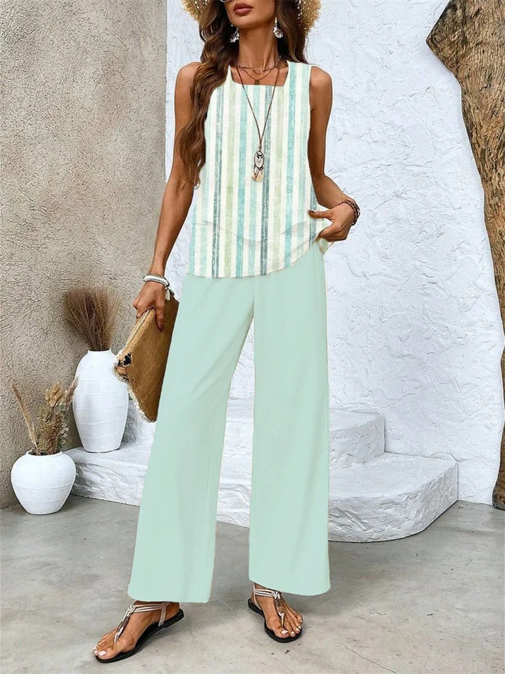 Women's Sleeveless Square Collar Striped Graphic Printed Casual Set