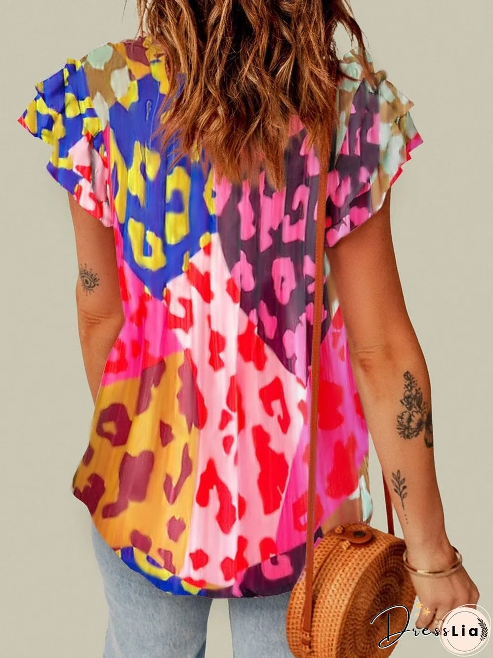 Rose Patchwork Leopard Print Ruffle Sleeve V Neck Blouse