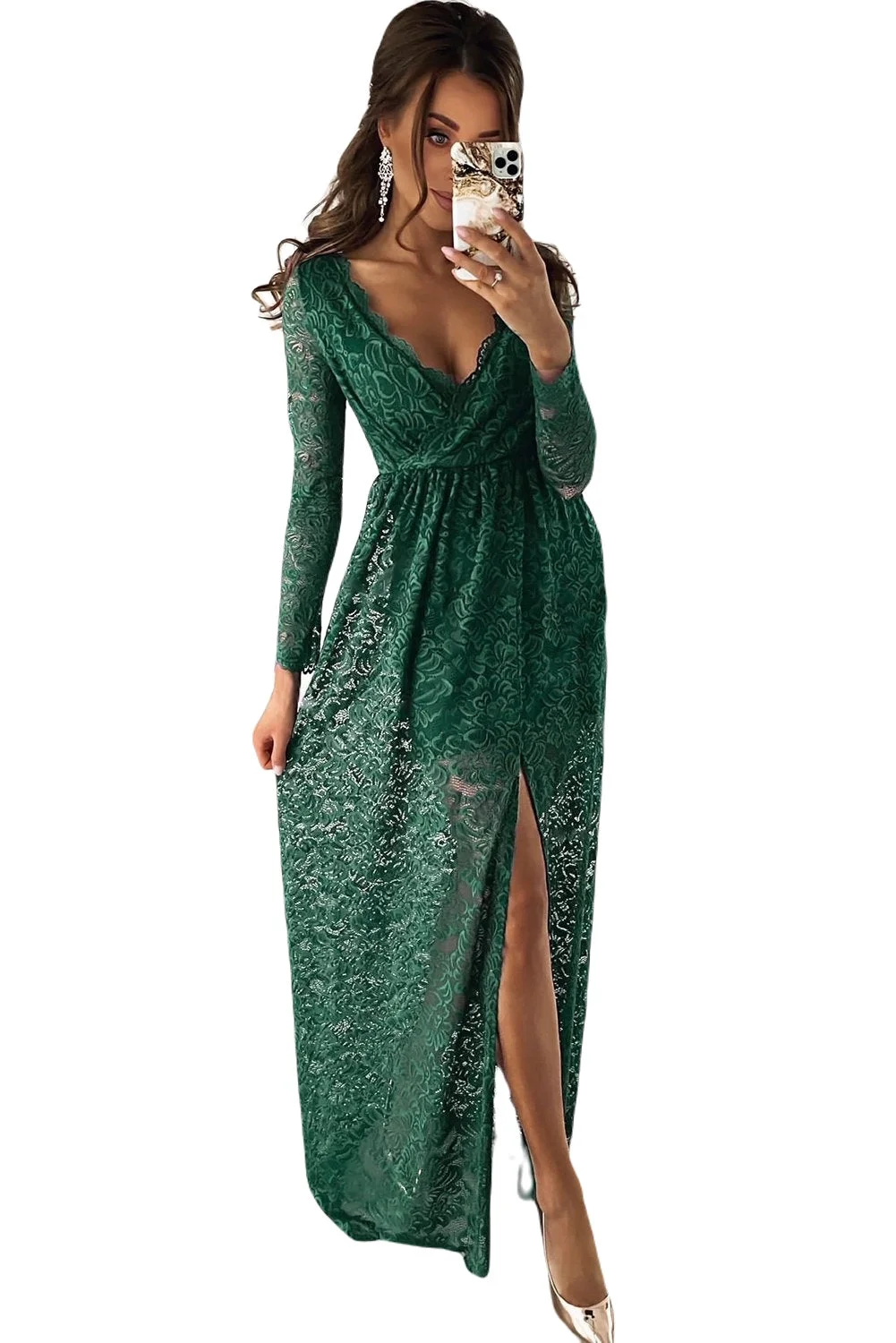 Women Green Long Sleeve V Neck Lace Maxi Dress with Split