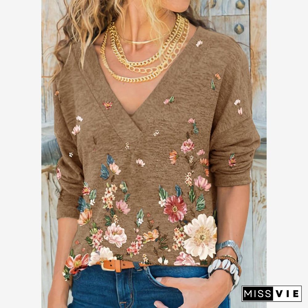 V-Neck Flower Printed Long-Sleeved Shirt