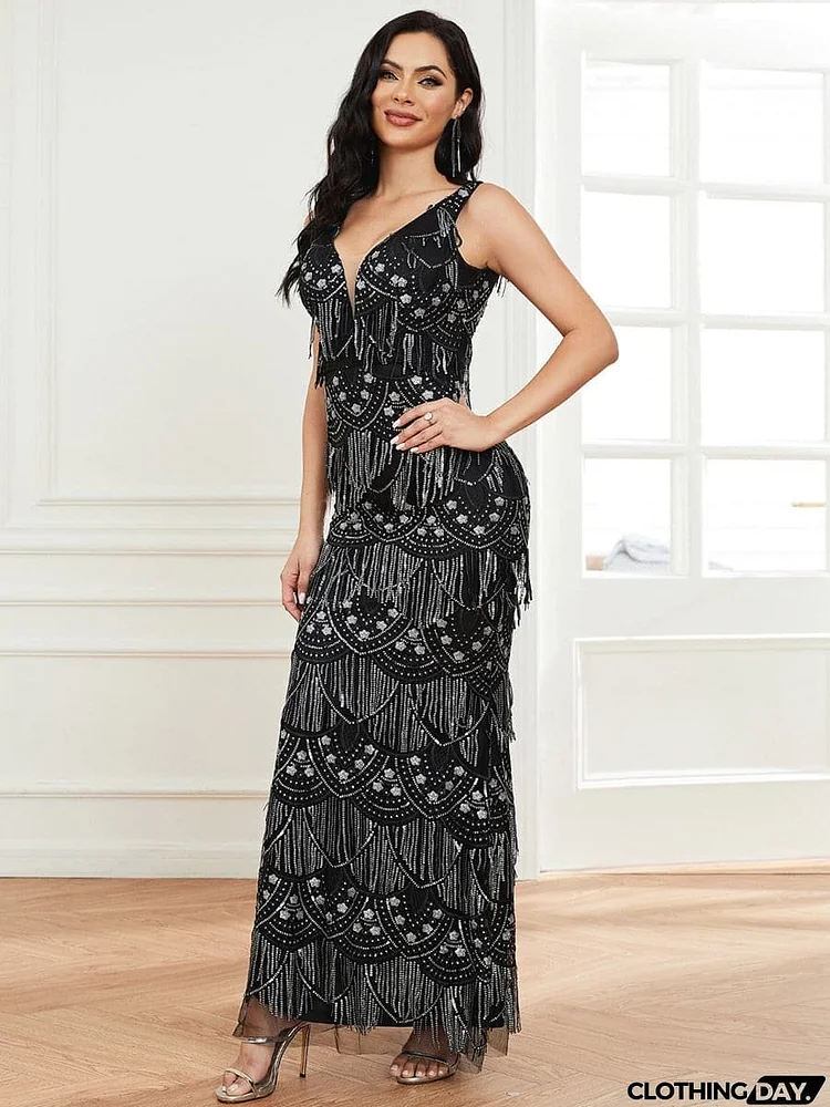 Sleeveless Deep V-Neck Open Back Fringe Sequin Dress XJ2082