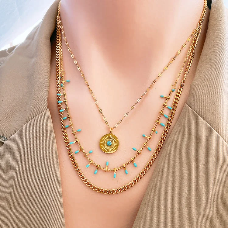 Olivenorma Natural Turquoise Pendant Triple 18K Necklace Set