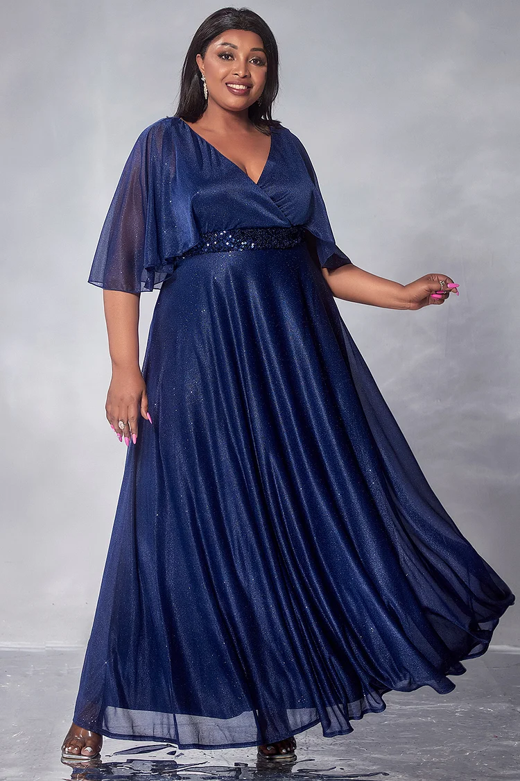 Xpluswear Design Plus Size Semi Formal Maxi Dresses Elegant Navy Blue V Neck Half Sleeve Mesh Maxi Dresses [Pre-Order]