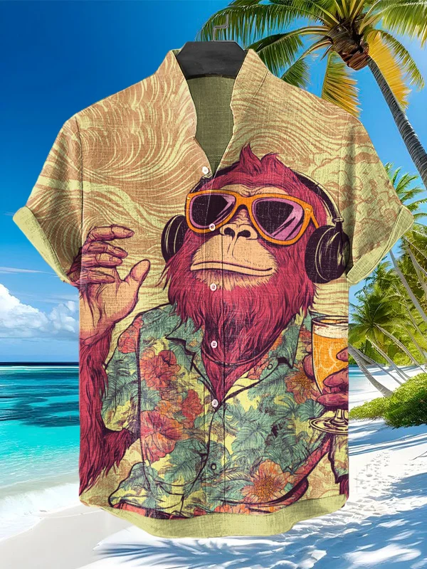 Men's Vacation Style Orangutan Listening To Music Print Shirt