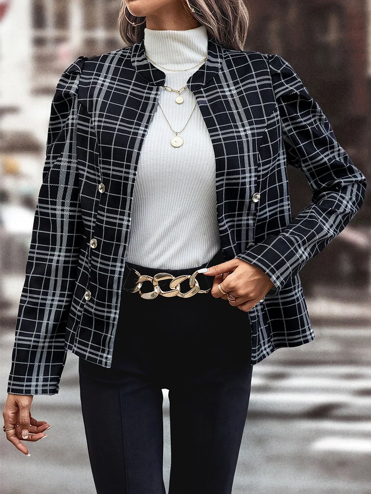 Women's Plaid Black Jacket Crew Neck Open Front Blazer Jakcet