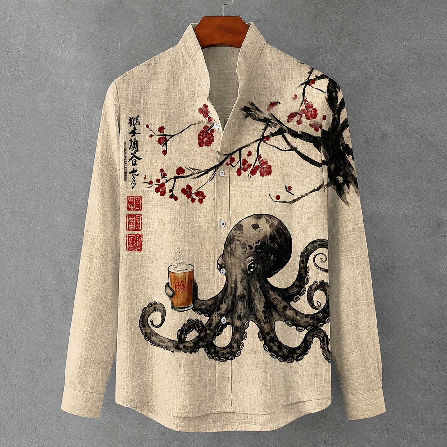 Men's Octopus Drinking Tea Under The Cherry Tree Art Print Casual Long Sleeve Shirt  artssus