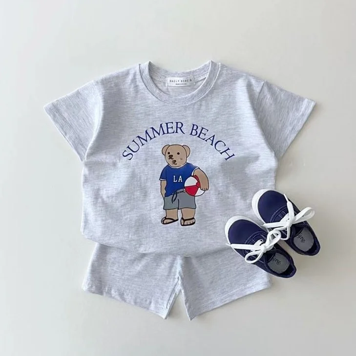 2pcs Baby Toddler Boy/Girl Sport Bear Print Short Sleeve T-shirt and Shorts Set
