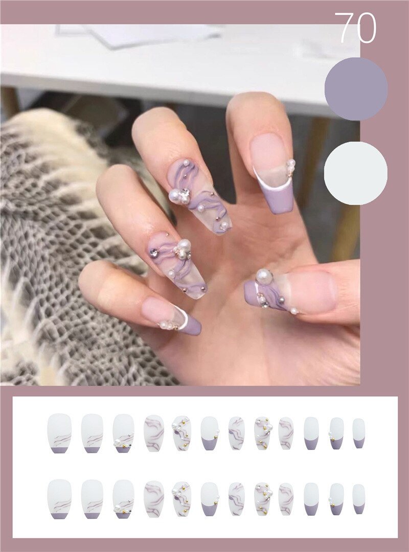 Agreedl Purple Lace Ribbon Pearl False Nails with Design Detachable Ballet Matte Press On Fake Nails Full Cover Manicure Tips
