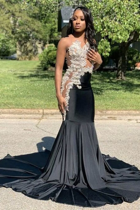 Classic Black Mermaid Strapless Prom Dress With White Appliques ...