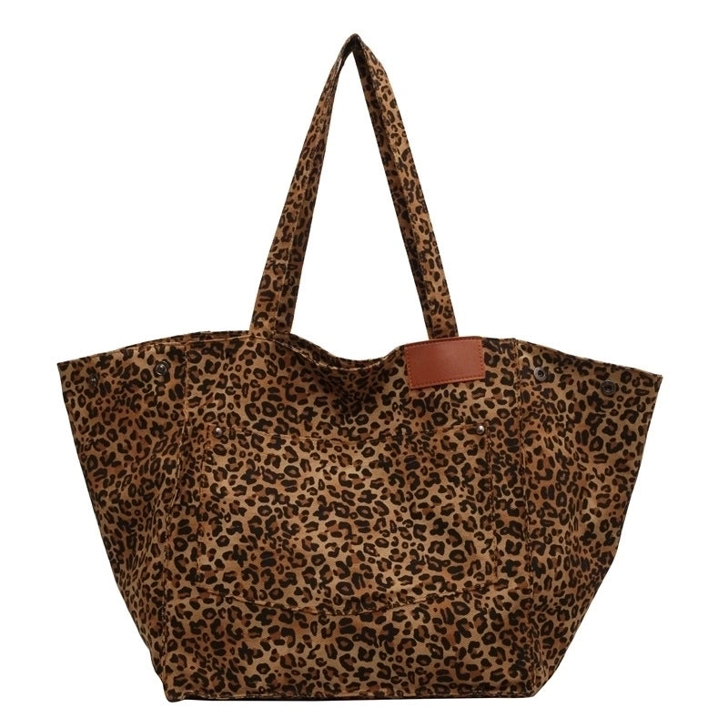 Leopard Print Canvas Tote Large Capacity Bag For Women New Trendy Fashion Original Design Portable Commuter Bag Shoulder