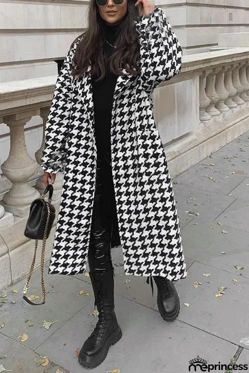 Houndstooth Lapel Woolen Coat