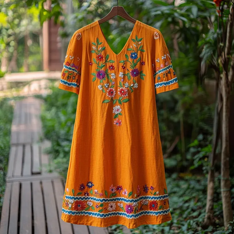 Women's Ethnic Embroidery Linen V-neck Dress