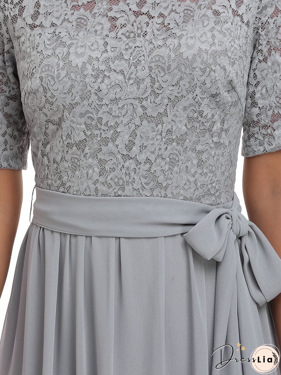 Sophisticated Lace Bodice Chiffon Maxi Evening Gown with Belt for Elegant Occasions