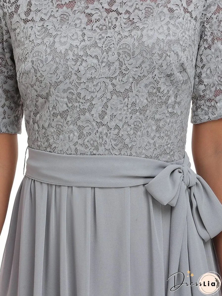 Sophisticated Lace Bodice Chiffon Maxi Evening Gown with Belt for Elegant Occasions