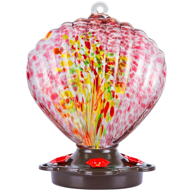 LUJII Seashell Shaped Hand Blown Glass Hummingbird Feeder for Outdoors Hanging, Rust Proof & Leak Proof, 25 fl.oz, Unique Gardening Gift for Friends, Garden & Backyard Decor, Purple
