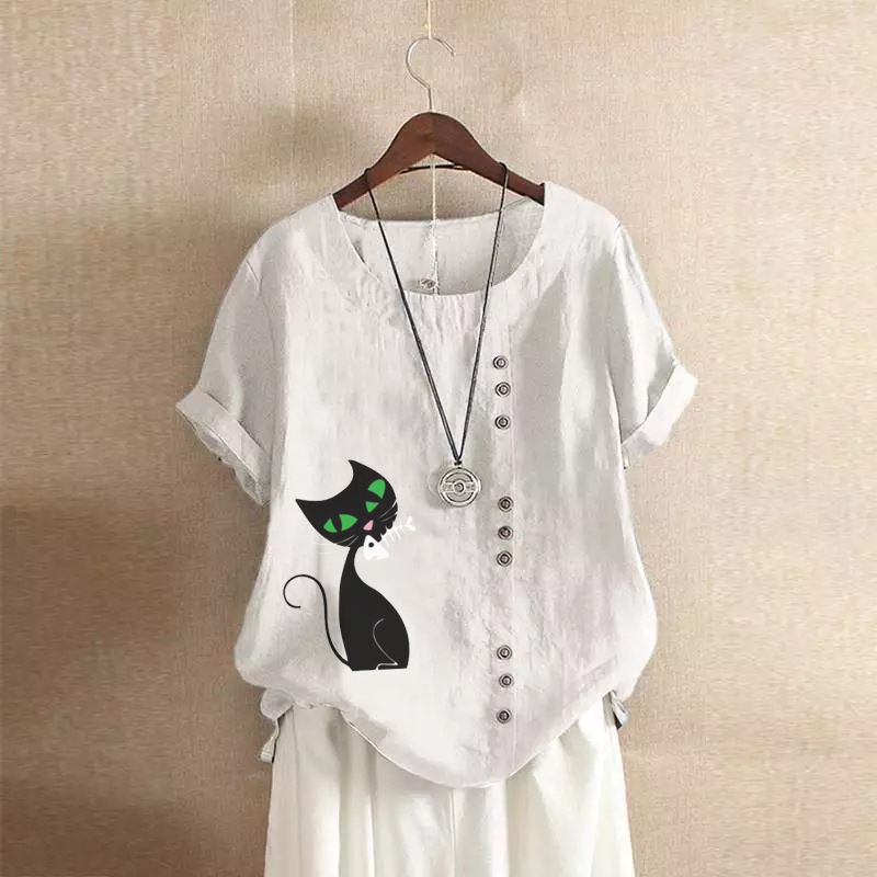 Groksage Woman Blouse 2025 Summer Retro Casual Loose Fitting Cotton And Linen Short Sleeved Pullover Shirt Ladies Botton Cat Print Tops