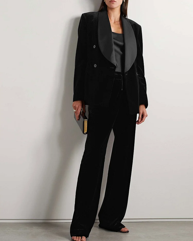 Double-breasted satin-trimmed blazer and pants two-piece set