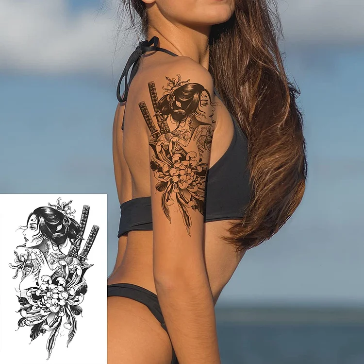 Temporary Tattoo Black Beautiful Lady Samurai Mask Girl Waterproof Fake  Sticker