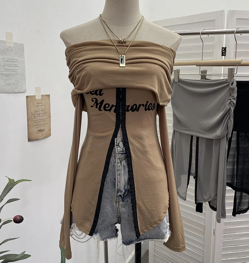 Nigikala Nigikala Picts Single-Layer Mesh Yarn Micro-Sleeved T-Shirt Word Shoulder-Pollid Letter Open Fork Top 1180