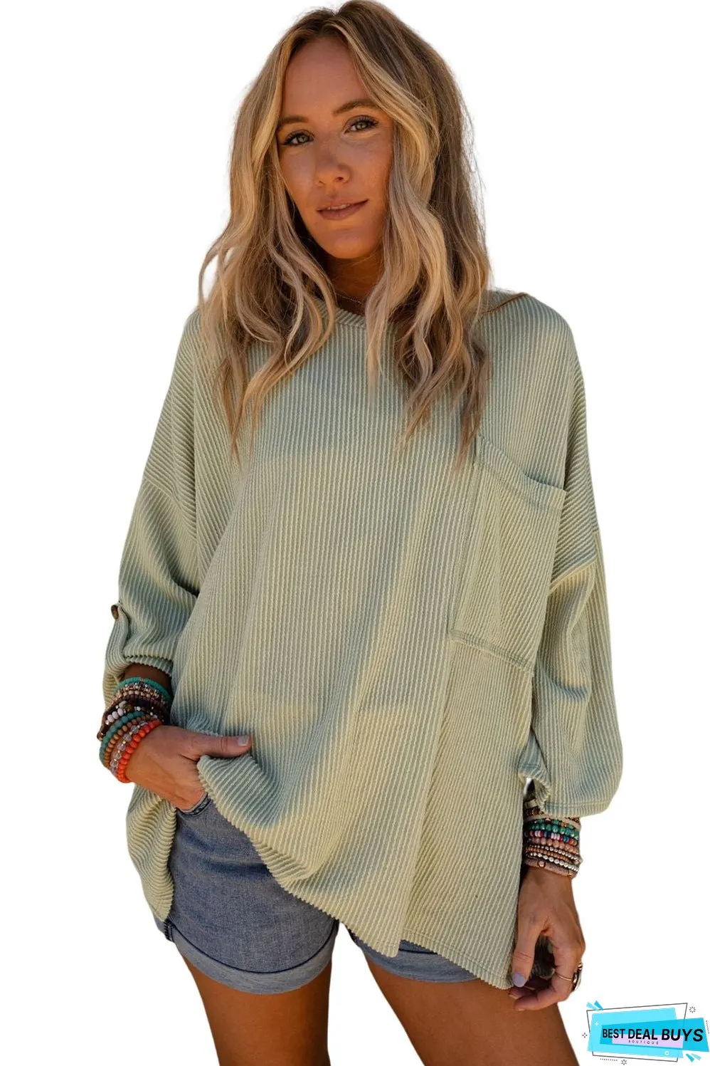 Ribbed Roll-tab Sleeve Oversize Top