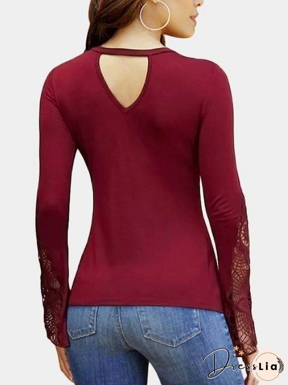 Black Lace Detail Twist Knot Design V-Neck Long Sleeves Blouse