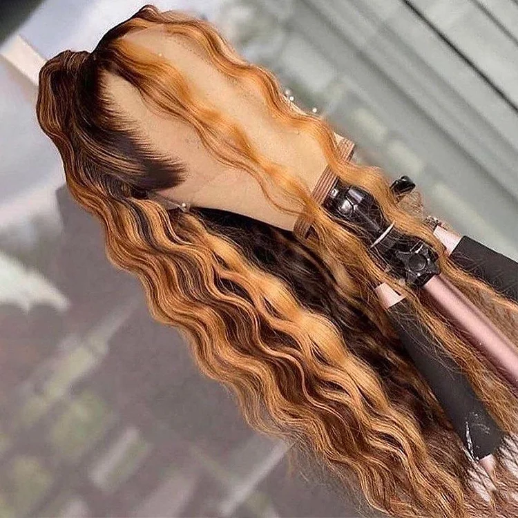 Honey Brown Highlights Loose Deep Wave Lace Frontal Wig