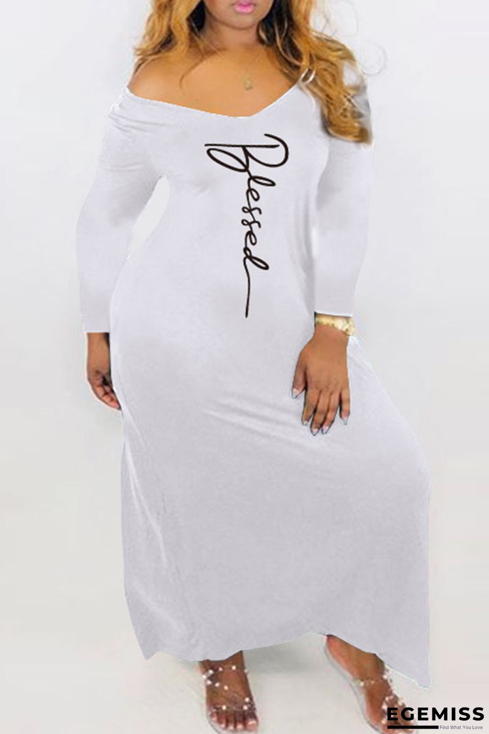 White Fashion Casual Print Basic V Neck Long Sleeve Dresses | EGEMISS