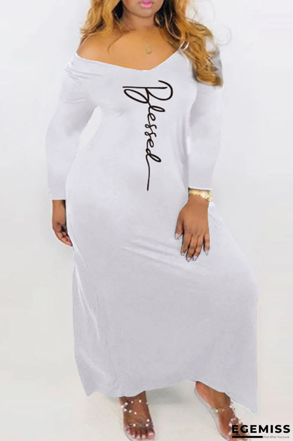 White Fashion Casual Print Basic V Neck Long Sleeve Dresses | EGEMISS