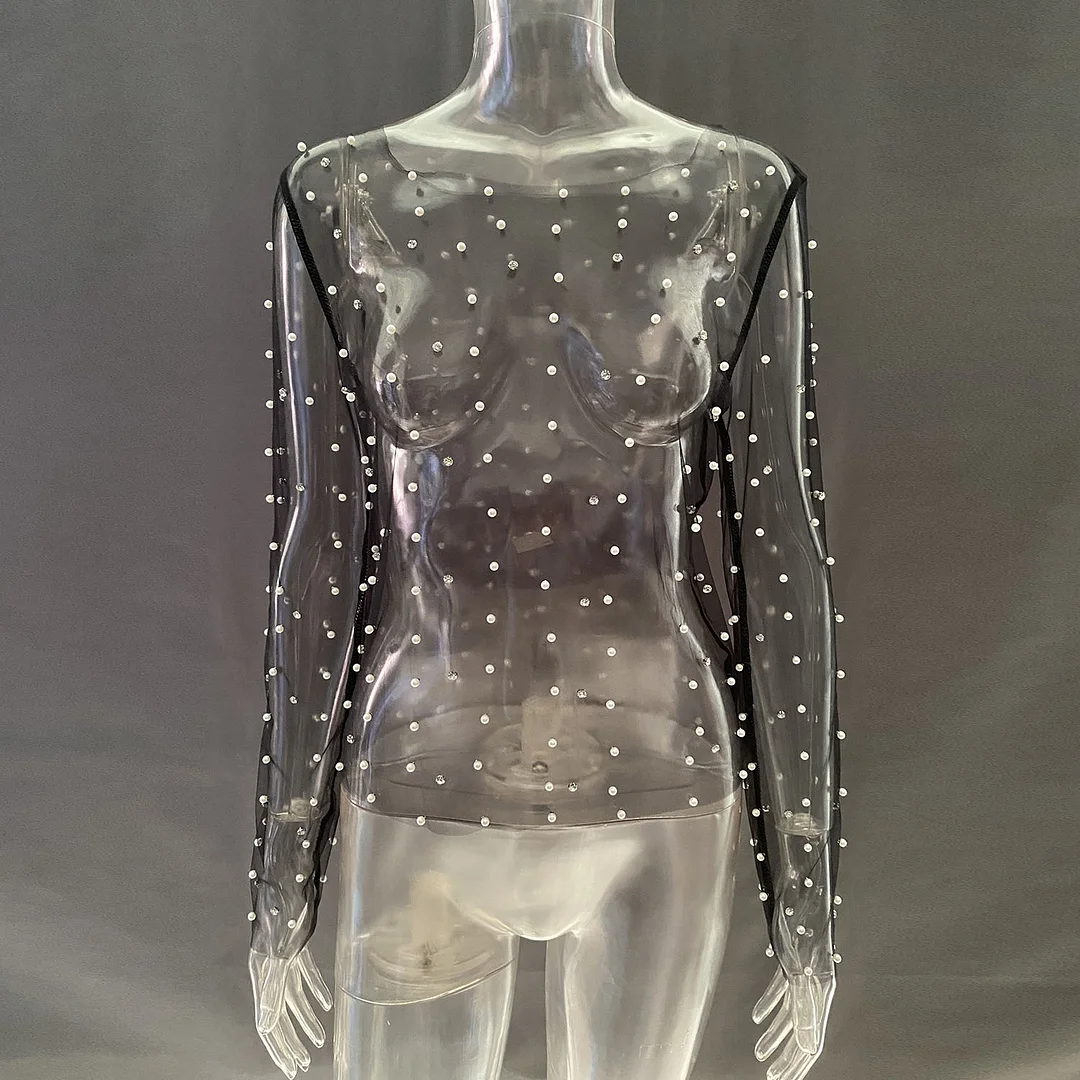 Uveng Spring And Summer Explosion Of Women's Clothing Beads Big Diamond Perspective Mesh Top Lady