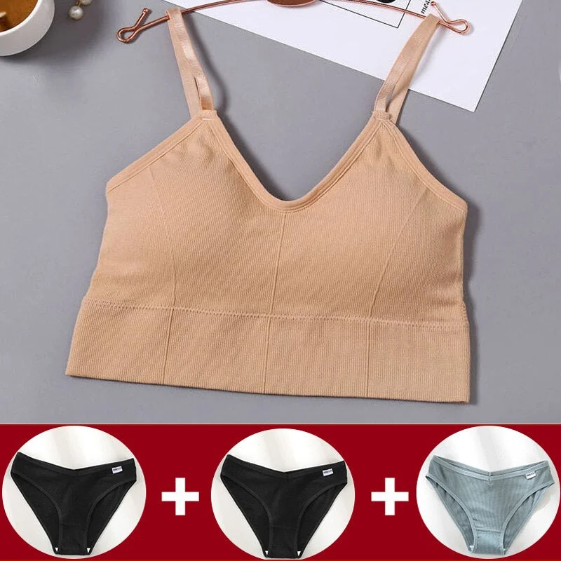 Tank Crop Top Bra + 3PCS Panties Set Fashion Solid Color Bra Set for Women Intimates Underwear Female Lingerie Casual Bralette