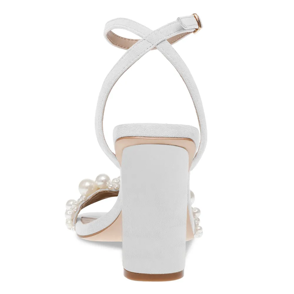 White Vegan Suede Open Toe Ankle Strap Wedding Heels with Pearls