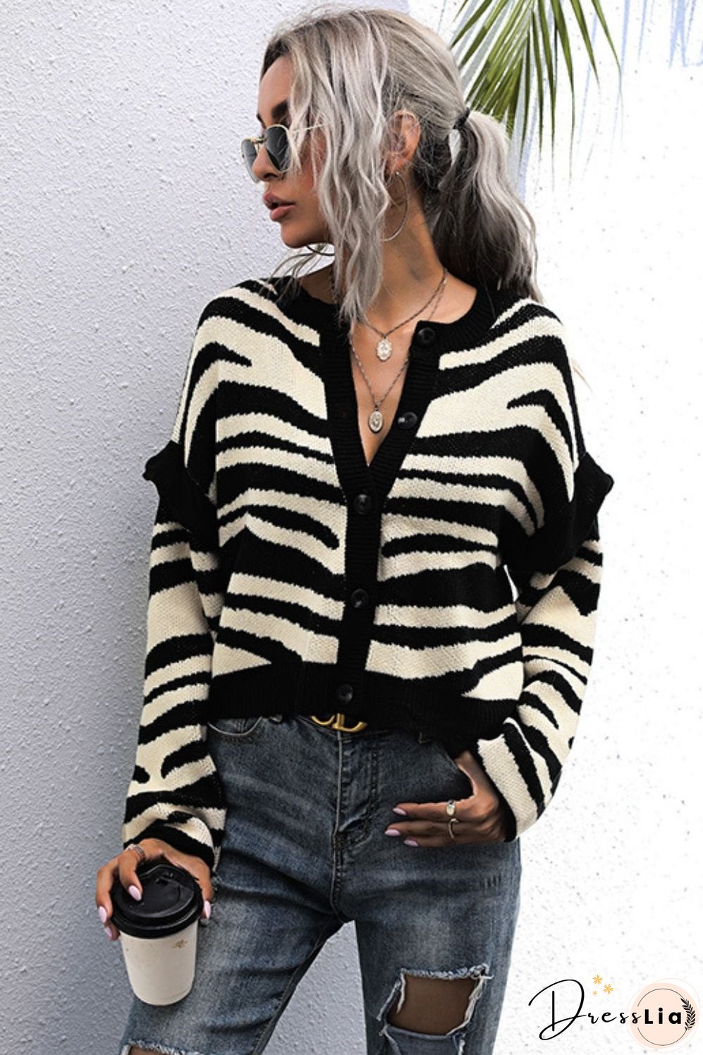 Striped Button-Down Round Neck Drop Shoulder Cardigan