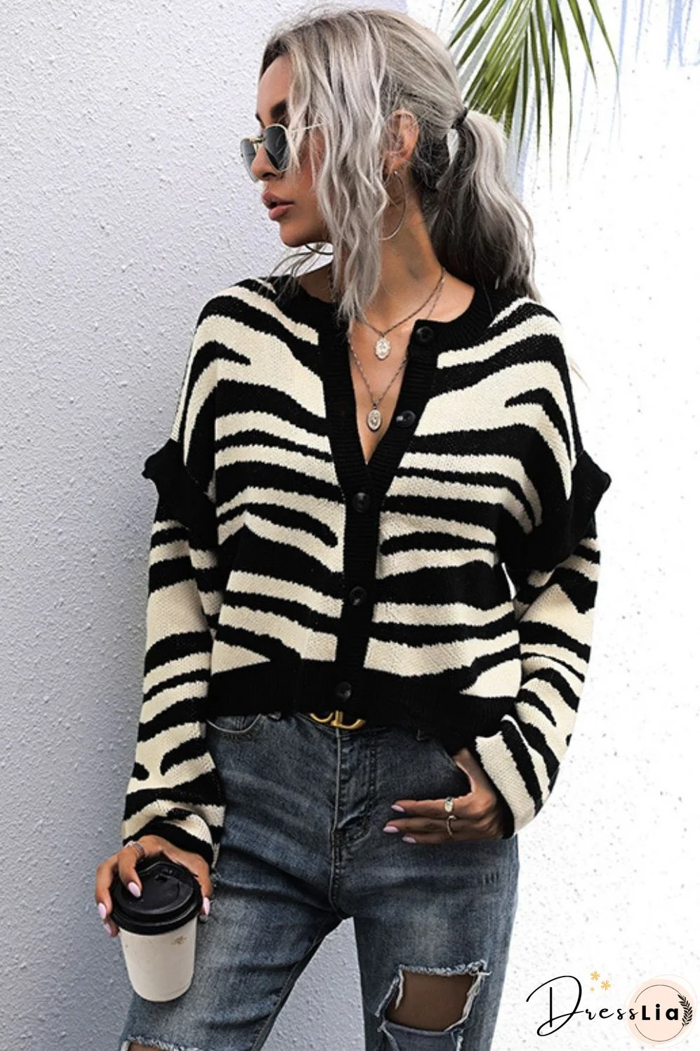 Striped Button-Down Round Neck Drop Shoulder Cardigan