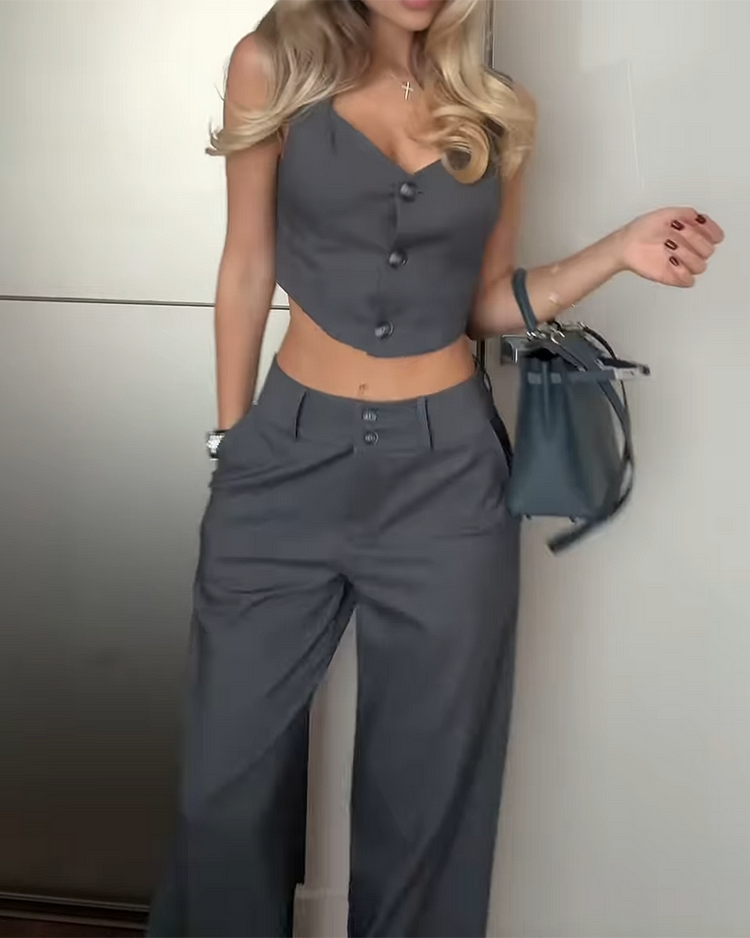 Button Drawstring Top and Pants Two-piece Set