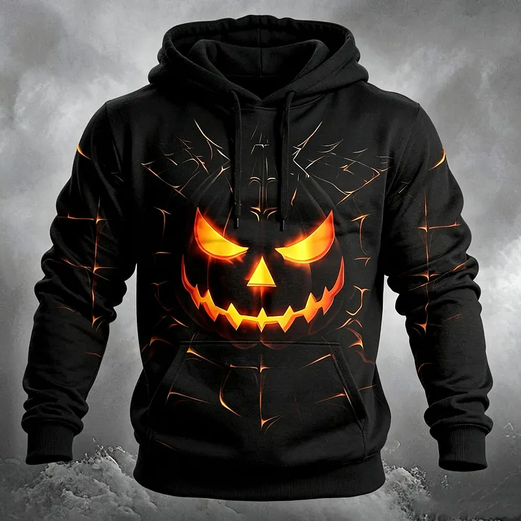Men's Retro Halloween Pumpkin Stripe Pattern Casual Hoodie
