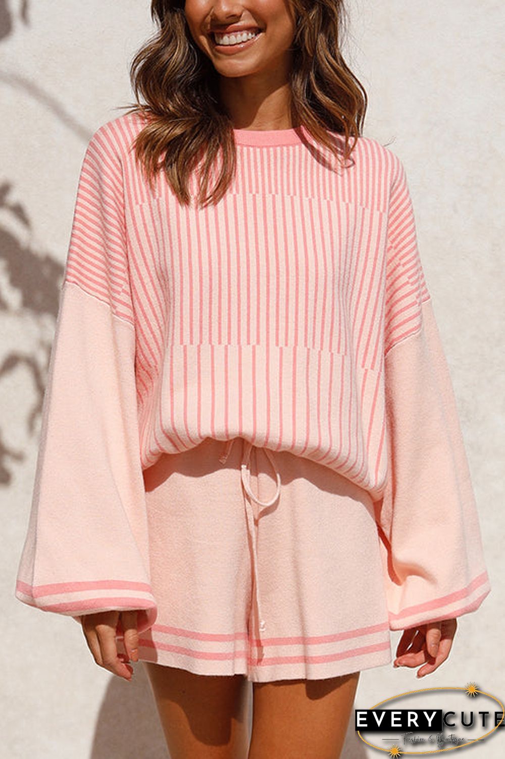 Gradient Stripe Puff Sleeve Sweater Shorts Set