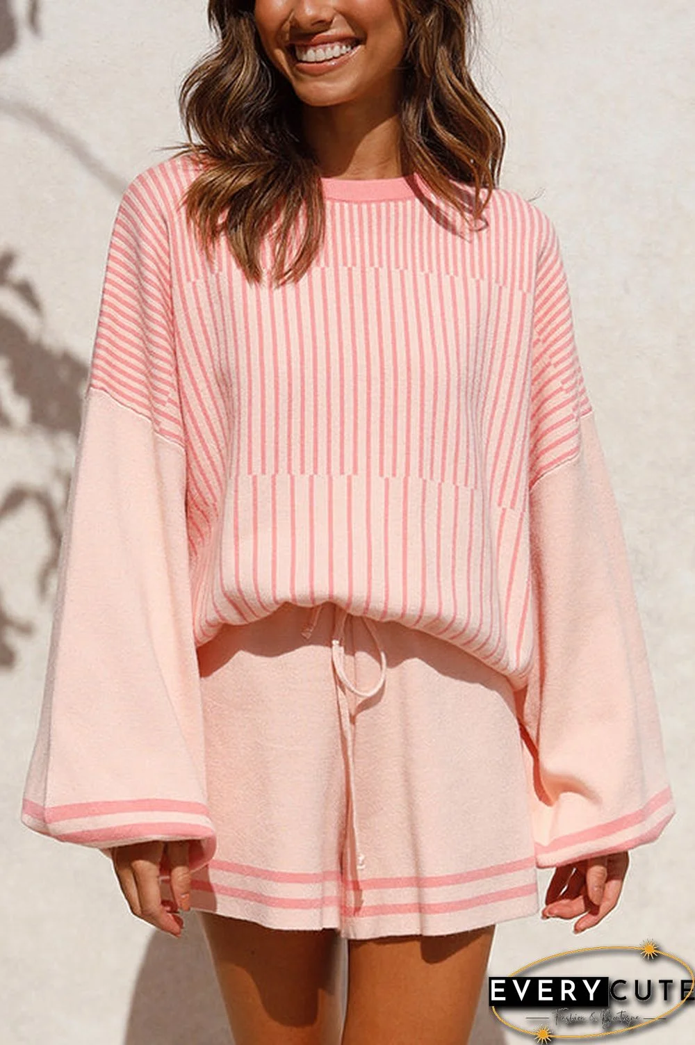 Gradient Stripe Puff Sleeve Sweater Shorts Set