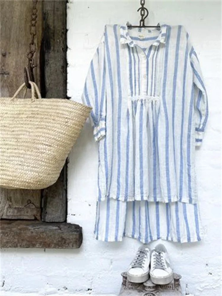Striped Pleated Button Up High Low Tunic