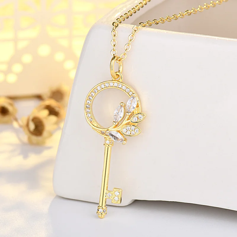 Crystal Leaves Vines Key Pendant Necklace