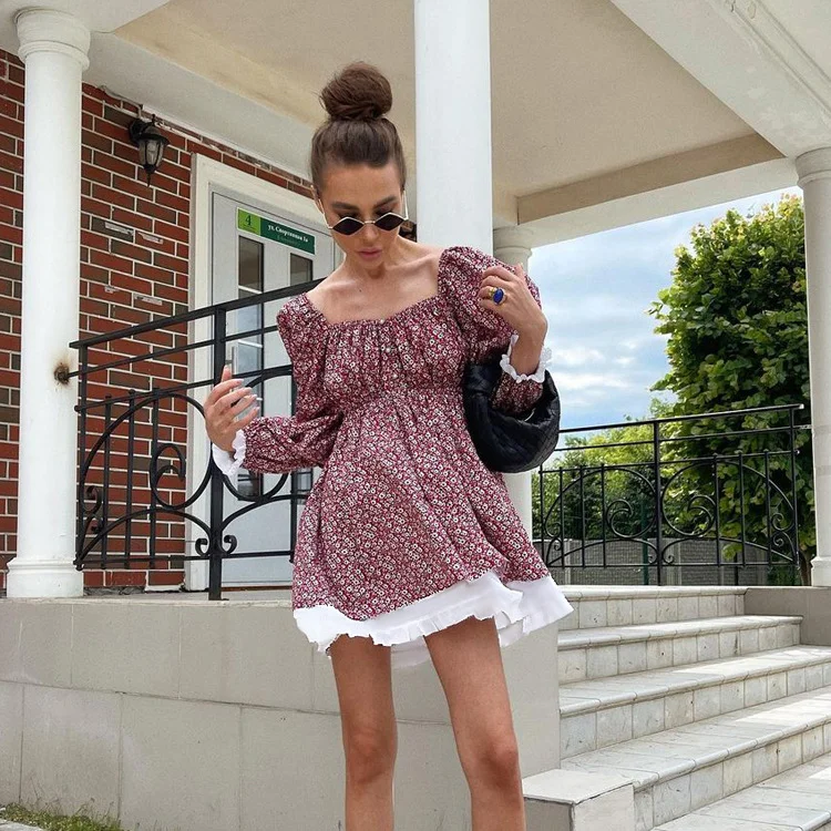 Churchf Churchf Women's Spring New Print Dress Fashion Bubble Sleeve Square Collar Show Thin A-Line Skirt Floral Skirt