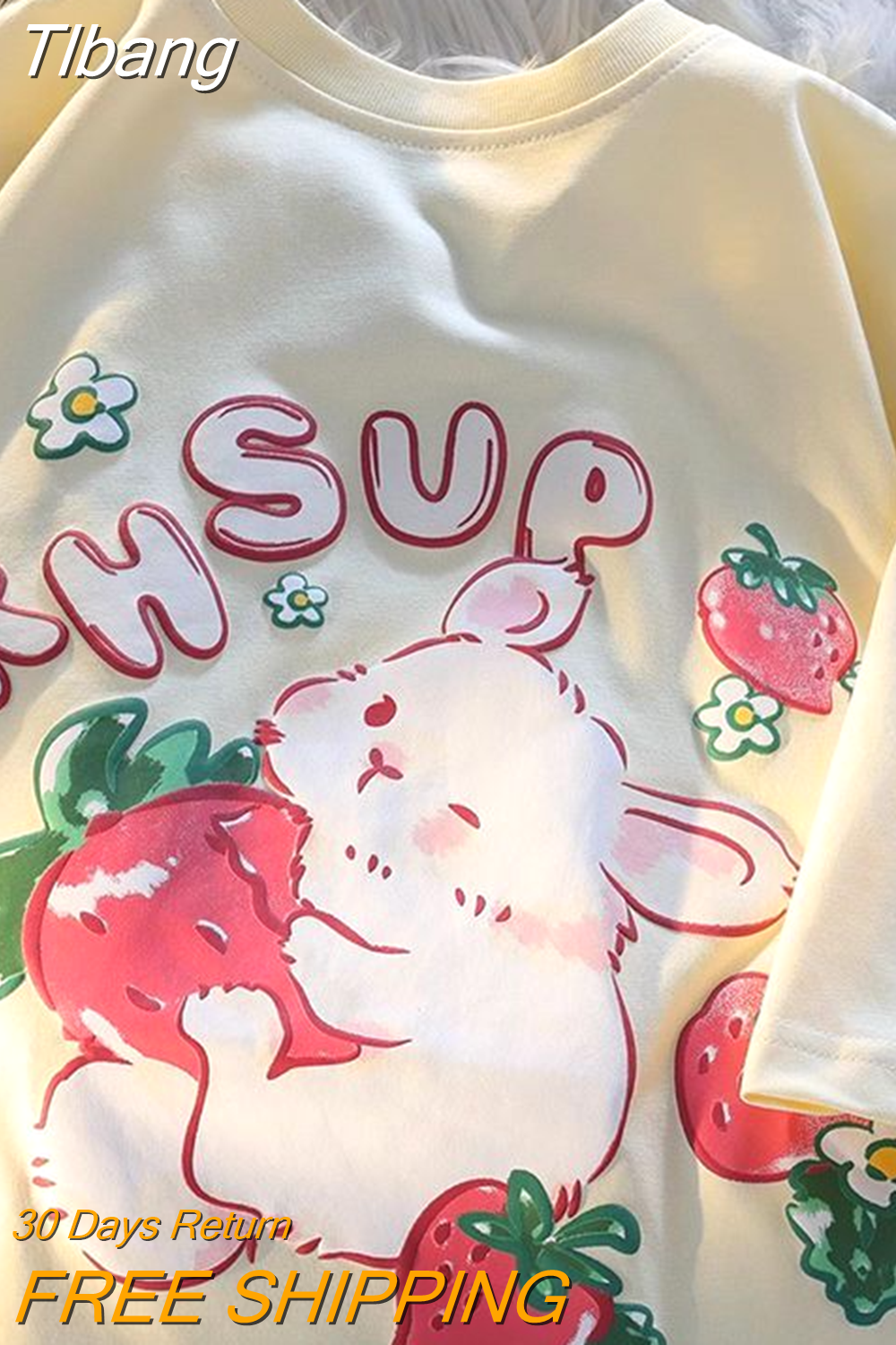 Tlbang Cartoon Rabbit Strawberry Fruit Print T Shirts Student Girls Kawaii Tee High Quality Cotton Summer Short Sleeve Casual Tops