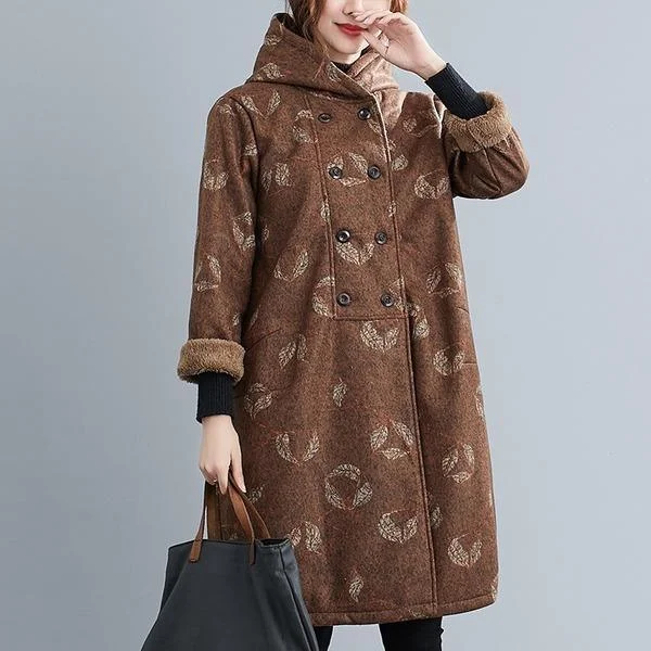 plus size wool vintage floral hooded casual loose long autumn winter coat for women jacket