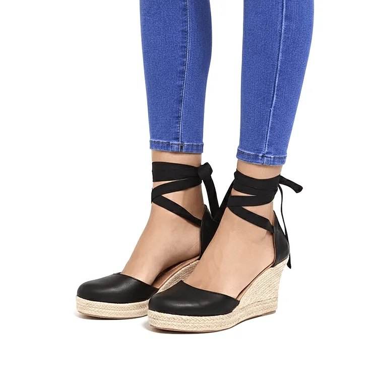 Black Leather Ankle - Tie Espadrille Wedge Shoes Vdcoo